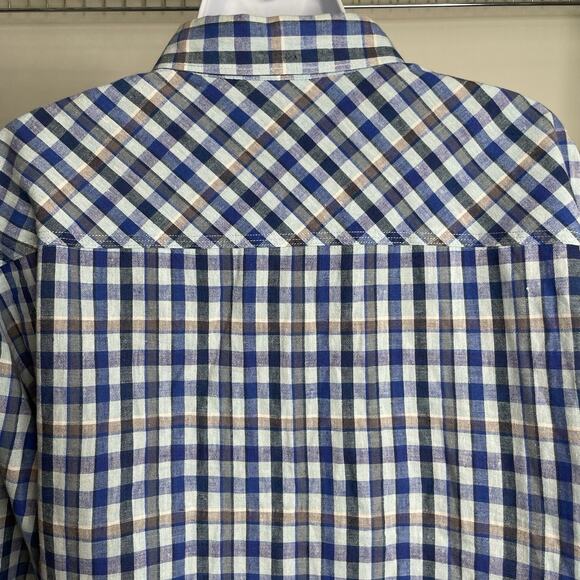 Carbon 2 Cobalt Men's Linen Check Button Up Shirt Size L Preppy Old Money Casual - Picture 13 of 13